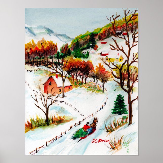Poster Winter Ride Mountain Christmas Watercolor (Frente)