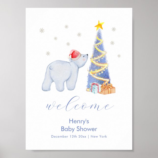 Poster Winter Santa Polar Bear Baby Shower Welcome  (Frente)