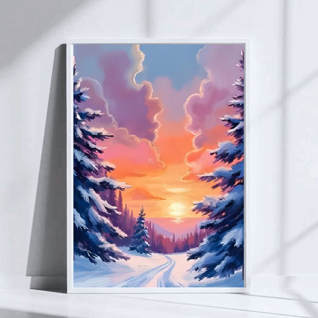 Poster Winter Snow Sunset | Watercolor Landscape Painting (Criador carregado)