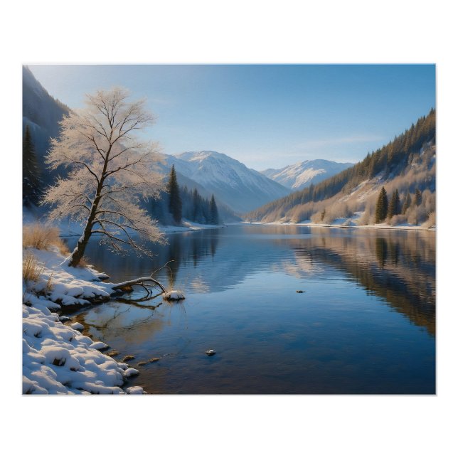 Póster Winterliche Landschaft mit klarem Bergsee (Frente)