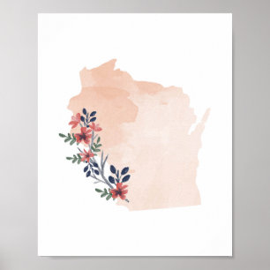 Poster Wisconsin Floral Watercolor State