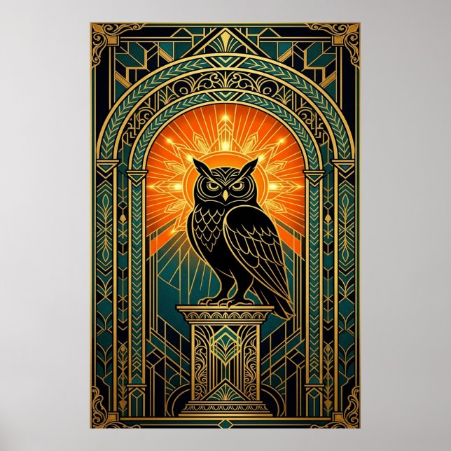 Poster Wise Owl Silhouette Art Deco Midnight Gold (Frente)