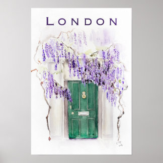 Poster Wisteria season in London green door watercolour