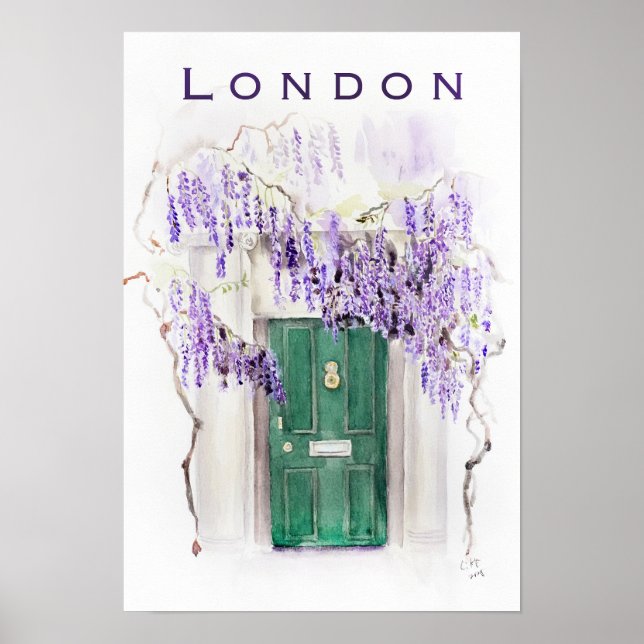 Poster Wisteria season in London green door watercolour  (Frente)