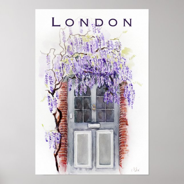 Poster Wisteria season in London grey door watercolour  (Frente)