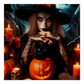 Póster Witch black cat candles Halloween