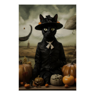 Póster Witch Cat with Pumpkins