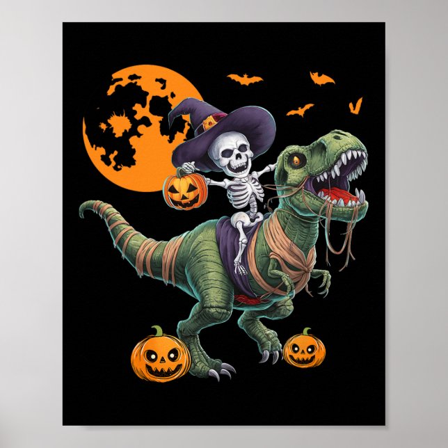 Poster Witch Skeleton Riding Dinosaur T Rex Halloween Fun (Frente)