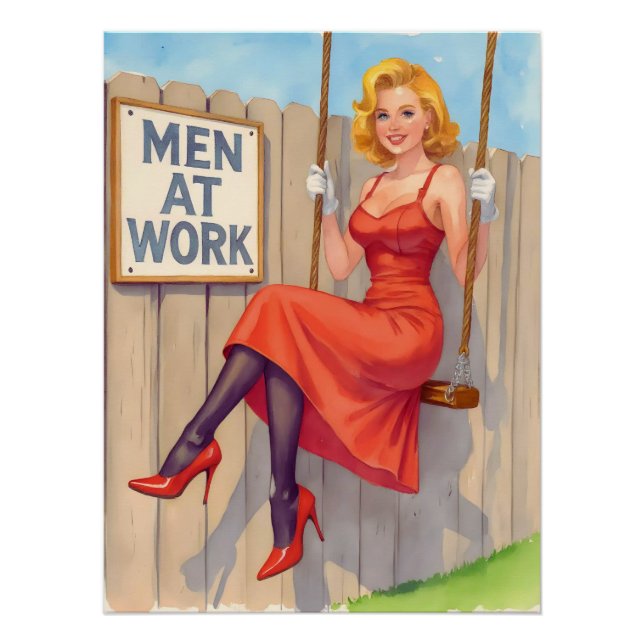 Póster Witty Retro Pin-Up Girl - "Men at Work" (Frente)