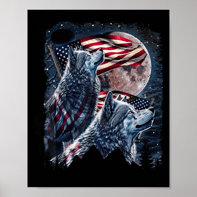 Poster Wolf 4 De Julho American Flag Howling Wolves Unde (Frente)
