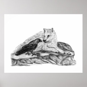 Poster Wolf and Raven black and white design