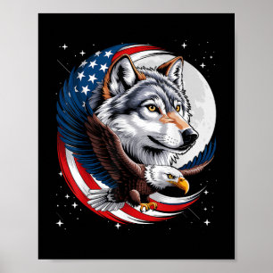 Poster Wolf Bald Eagle American Flag Full Moon Anos novos
