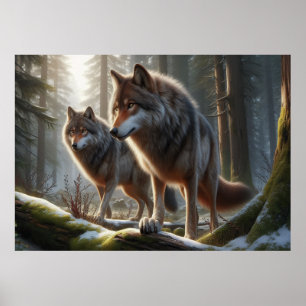 Poster Wolf Duo na Floresta 3D Natureza impressionante