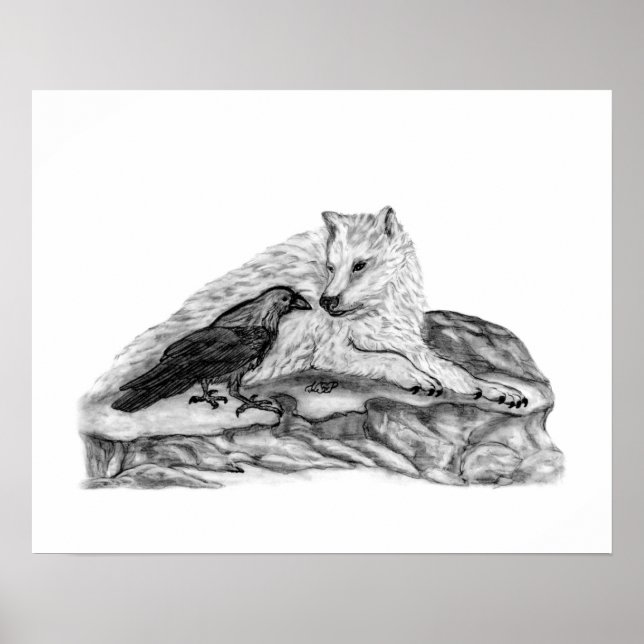 Poster Wolf e Raven design preto e branco (Frente)