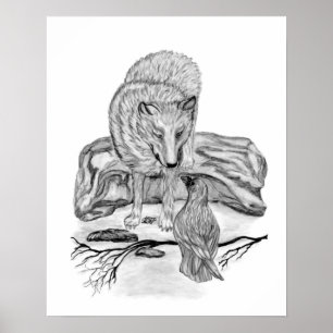 Póster Wolf e Raven design preto e branco
