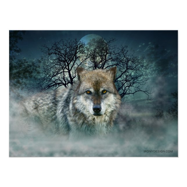 Póster Wolf Full Moon em Fog (Frente)