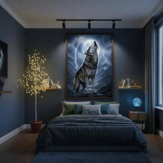 Poster Wolf Howling at Full Moon with Lightning Storm