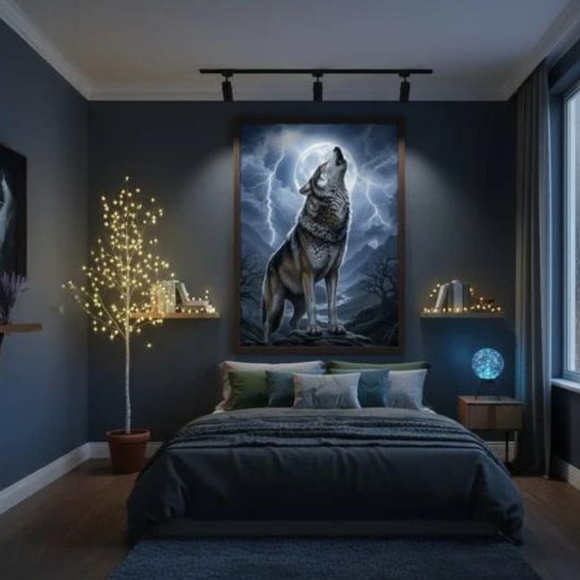 Poster Wolf Howling at Full Moon with Lightning Storm (Criador carregado)