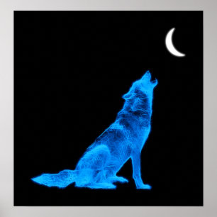 Póster Wolf Howling Azul na Lua