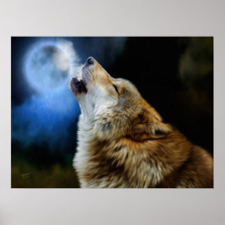 Póster Wolf Howling Beneath Full Moon
