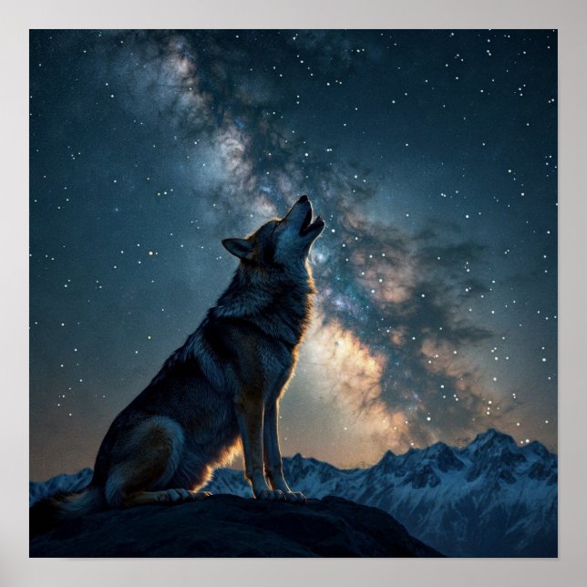 Poster Wolf Howling Em Starry Night (Frente)