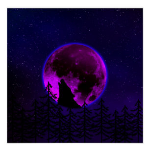 PÓSTER WOLF HOWLING MOON MAGENTA