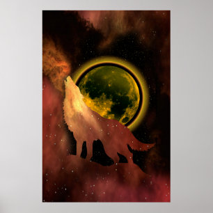 POSTER WOLF HOWLING NA GALÁXIA DA LUA ESPACIAL