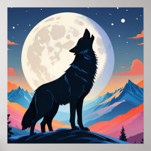 Poster Wolf Howling Na Lua