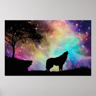 Poster Wolf Howling na Lua Galáxia Stars Animal