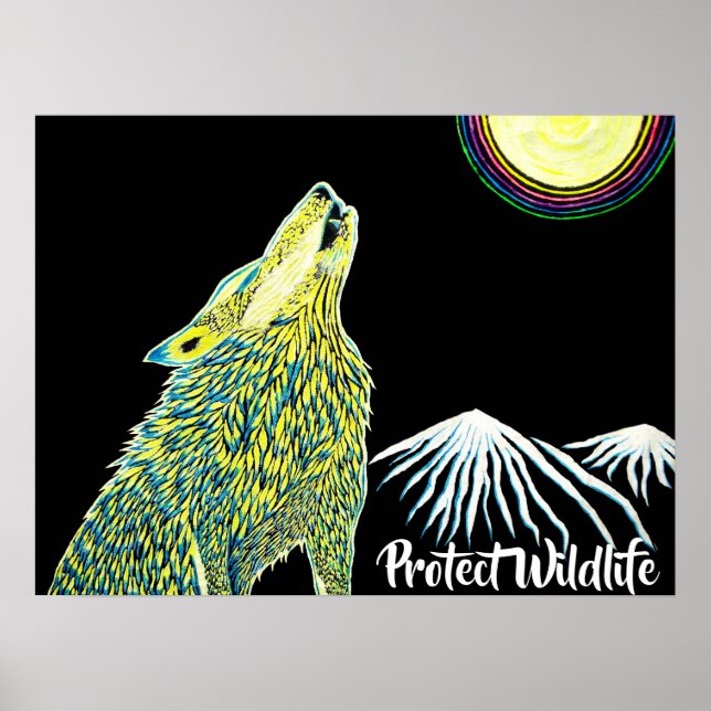Poster Wolf Howling na lua Protege a vida selvagem (Frente)