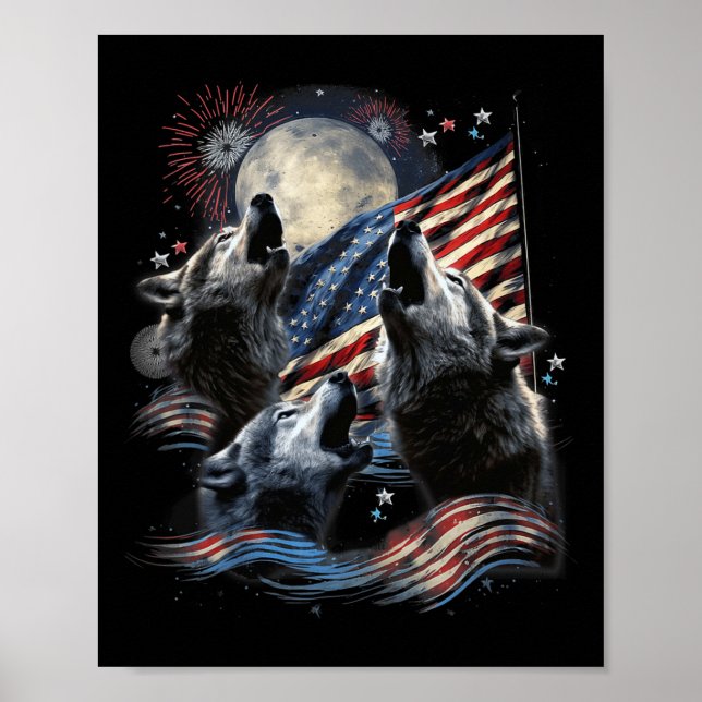 Poster Wolf Moon 4 de julho American Flag Howling America (Frente)