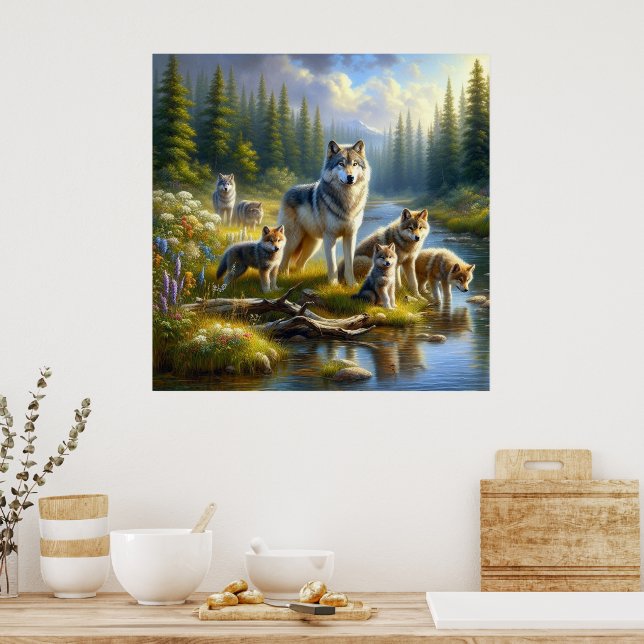 Poster Wolf Pack Wolves Stream Nature Willife (Cozinha)