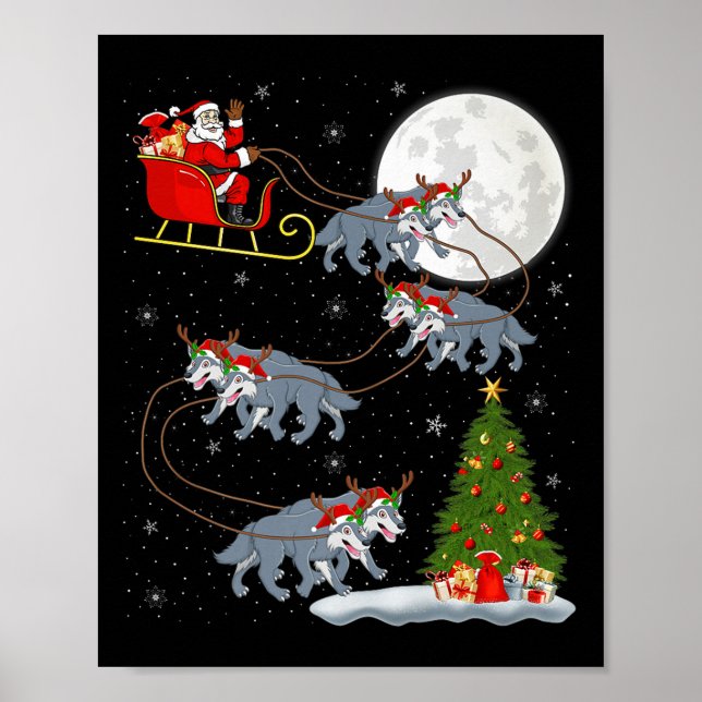 Poster Wolf Santa Sleigh Flying Funny Magical Christmas P (Frente)
