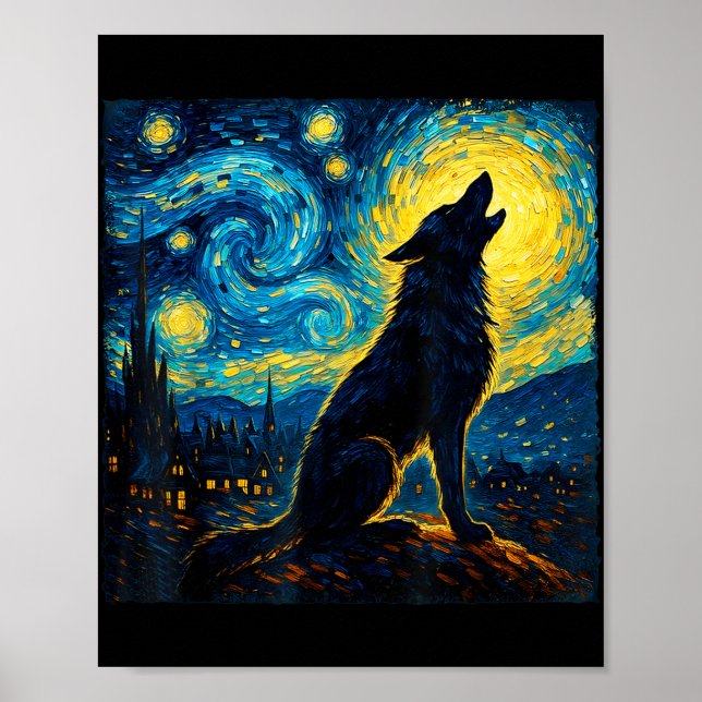 Poster Wolf Starry Night Howling Moon Engraçado Presente  (Frente)