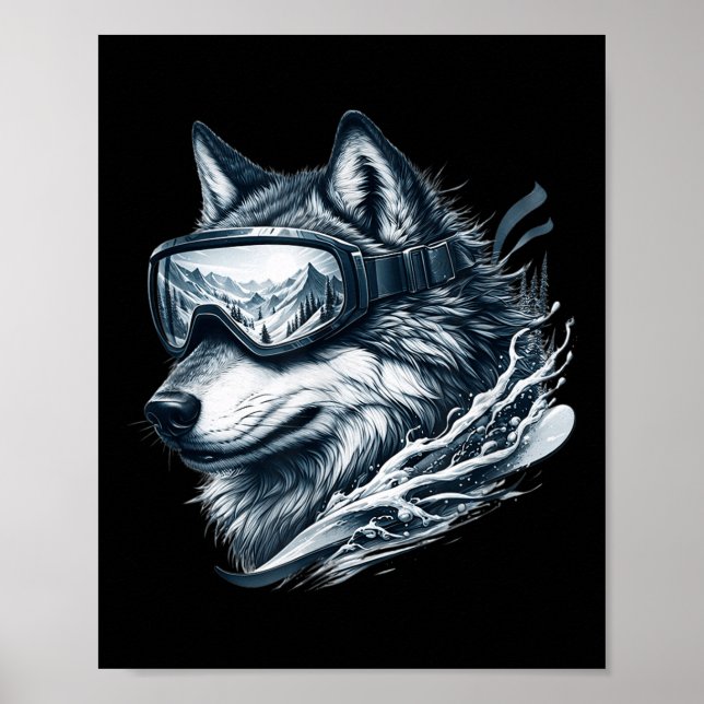 Poster Wolf Wearing Ski Snowboard Goggles Wolf Skiing  (Frente)