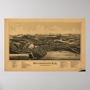Póster Wolfeboro New Hampshire 1889 Mapa Panorâmico Antiq