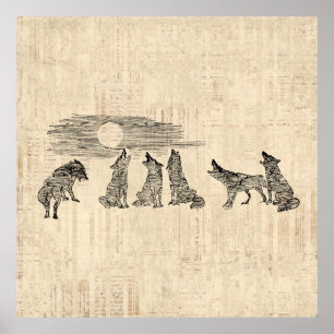 Poster Wolves Howling na Lua Vintage Wolf Art