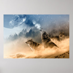 Poster Wolves Moon Fog Nature Scenery
