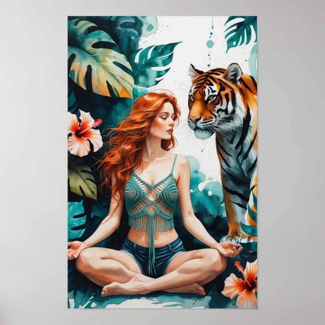 Poster Woman Meditating with Bengal Tiger (Frente)