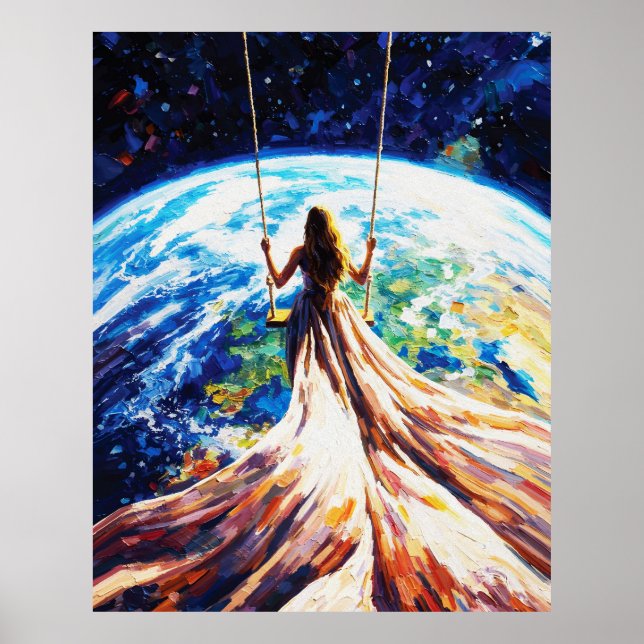 Poster Woman on Swing Over Earth Impasto Oil Painting (Frente)