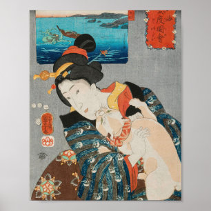 Poster Woman Playing with Cat Vintage Japanese Print