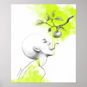Poster Woman Snake tongue Apple Green splash Surreal art