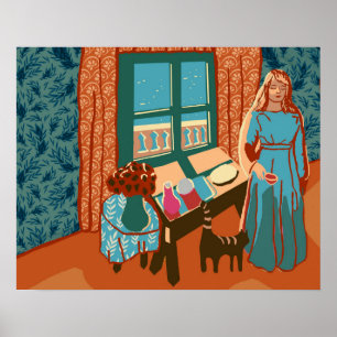 Poster Woman with cat in house by the sea sunlight happy 