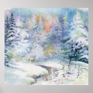 Poster Wonderland de inverno: Paisagem com Aquarela