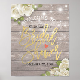 Póster Wood Floral String Lights Chá de panela Welcome
