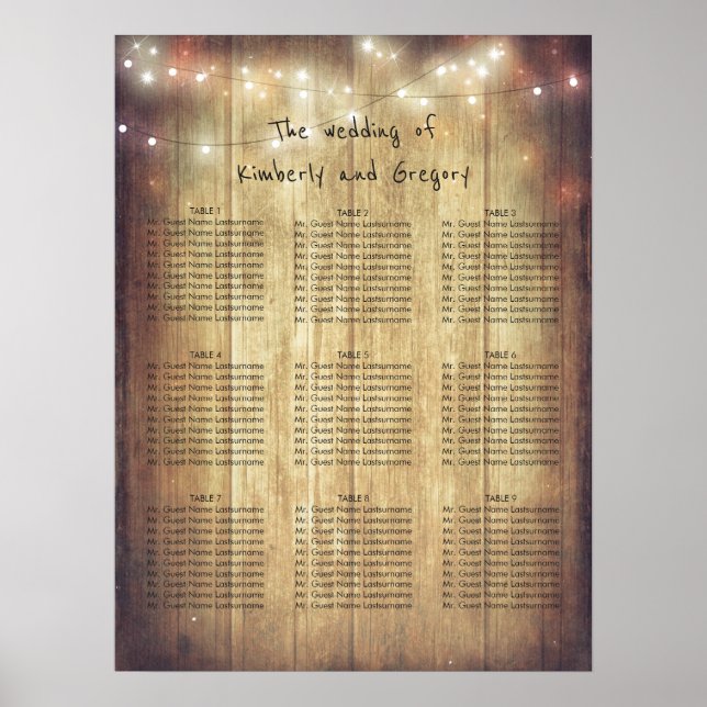 Póster Wood String Lights Rustic Wedating Chart (Frente)