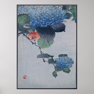 Póster Woodcut japonês do Hydrangea azul com pássaro