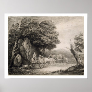 Poster Wooded Landscape with Carts and Figures (etching o