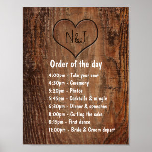 Póster Wooden Burn Heart Rustic Wedding Order of the Day