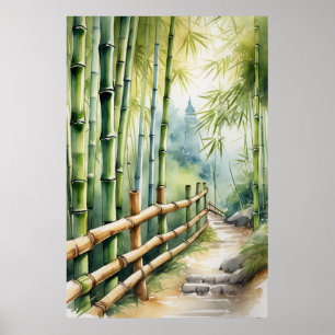 Poster Wooden Fence Path Amidst Bamboo